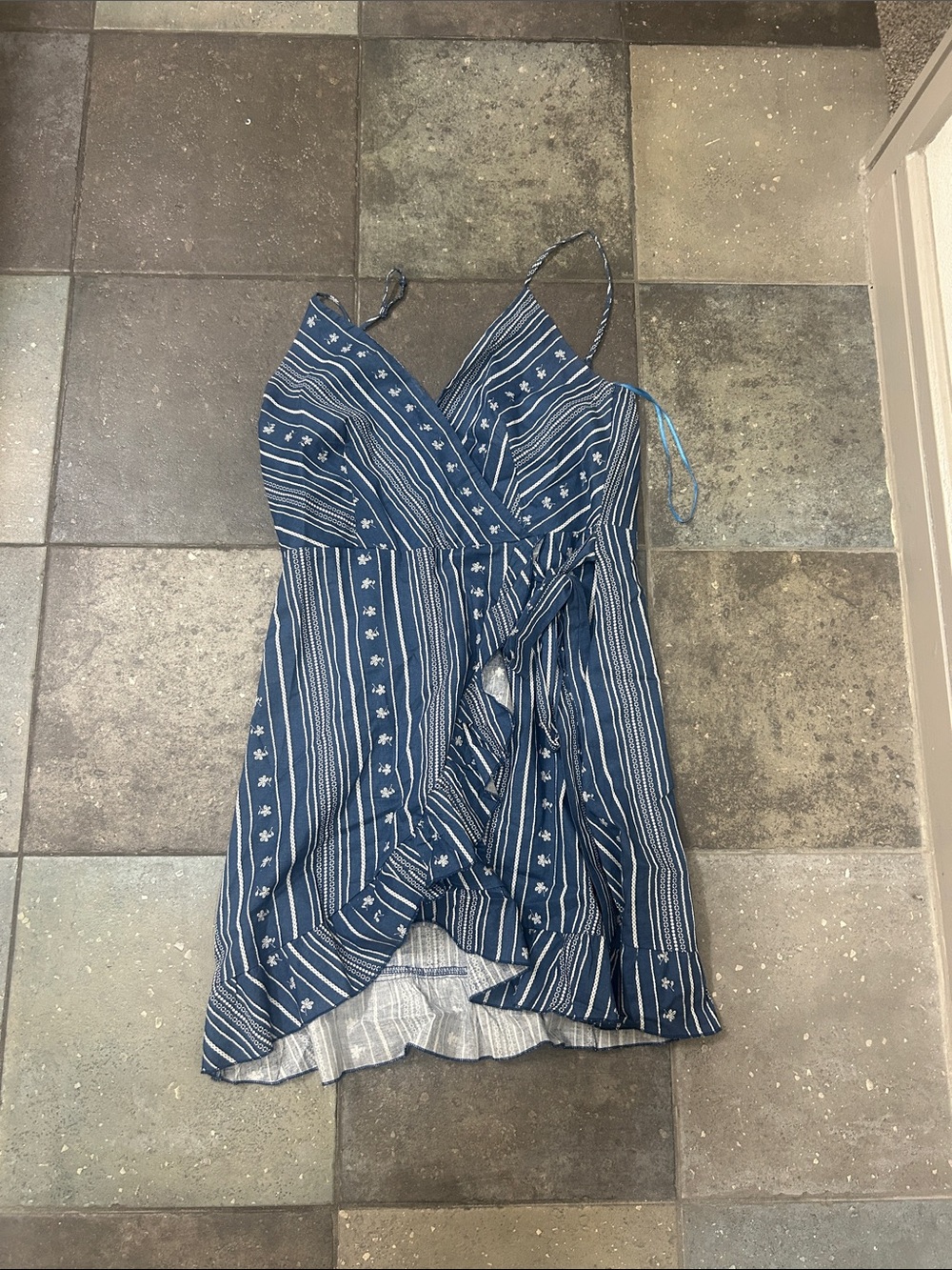 Altar'd State Navy and White Striped Wrap Dress with Star Print